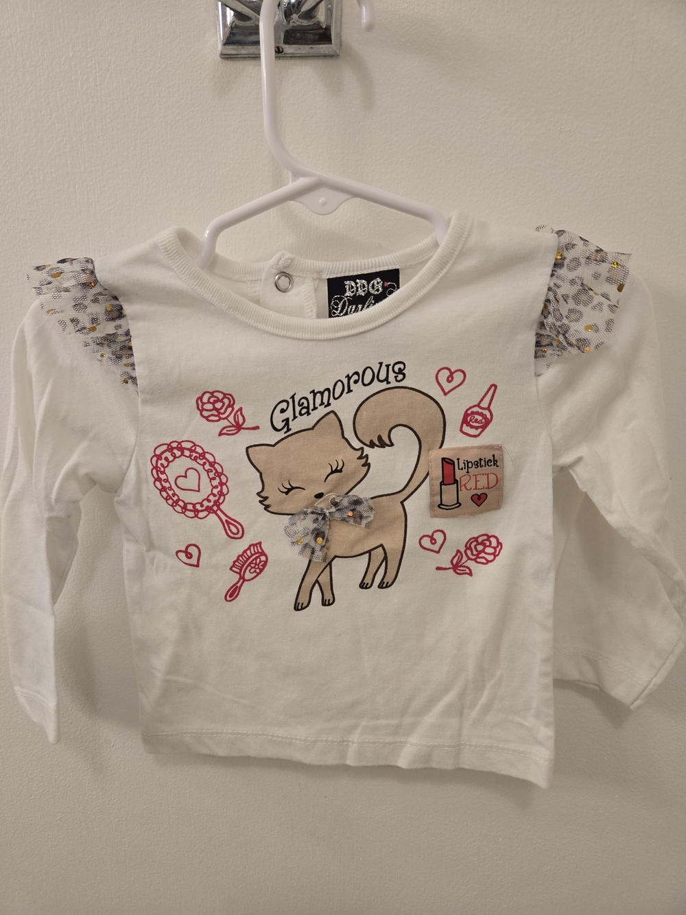 Darling White Long-Sleeve Top with Tan Kitten and Pink Accents